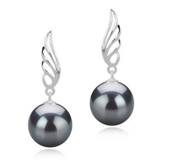 Par de pendientes de perlas Perla Tahití de calidad AAA de 9 a 10mm en color Negro